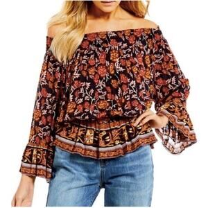 Raga Blue Floral Boho Off Shoulder Top Small NWT